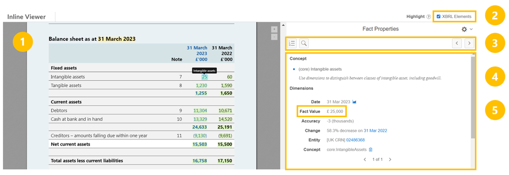 Screenshot of the inline viewer's balance sheet screen, explained in the following text