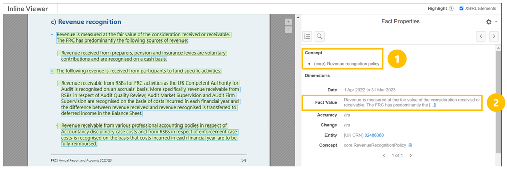 Screenshot of the inline viewer's revenue recognition screen, explained in the following text