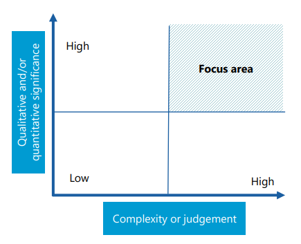 A 2x2 matrix with "Qualitative and/or quantitative significance" on the Y-axis and "Complexity or judgement" on the X-axis. Both axes range from "Low" to "High". The top-right quadrant, representing High significance and High complexity/judgement, is labelled "Focus area".