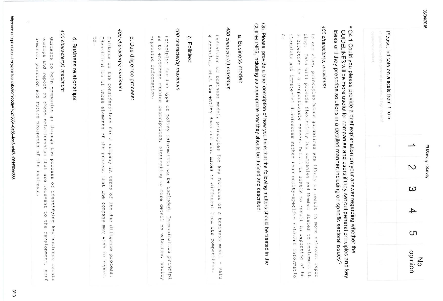 Public consultation page detailing sections for specific information disclosure and a 1-5 numerical rating scale.