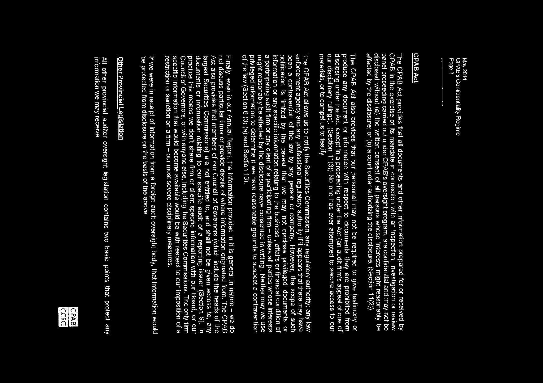 Appendix page detailing the CPAB Act and other provincial legislation regarding confidentiality.