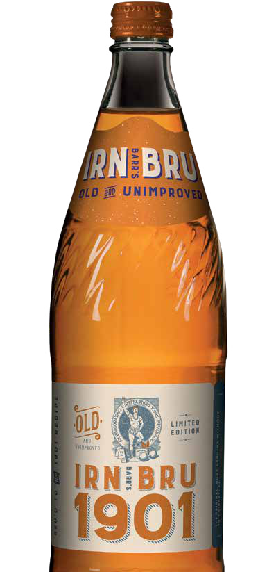 A full glass bottle of Irn-Bru 1901 with orange liquid, brown cap, and vintage-style label.