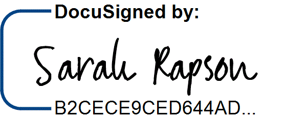 Digital signature by Sarah Rapson with unique identifier B2CBCE9CBBD644AD.