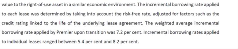 Text detailing the calculation of incremental borrowing rates, including risk-free rate, credit rating, and average rates applied for Premier's IFRS 16 transition.