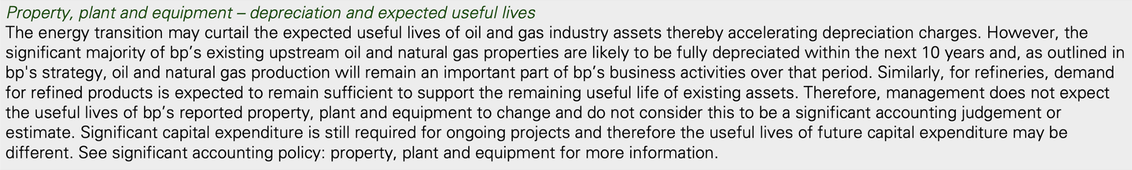 Text describing the impact of energy transition on expected useful lives and depreciation of property, plant, and equipment.