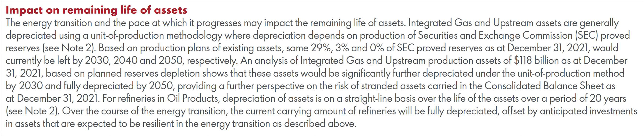 Text discussing the impact of energy transition on remaining life of assets, depreciation, and risk of stranded assets by 2030 and 2050.