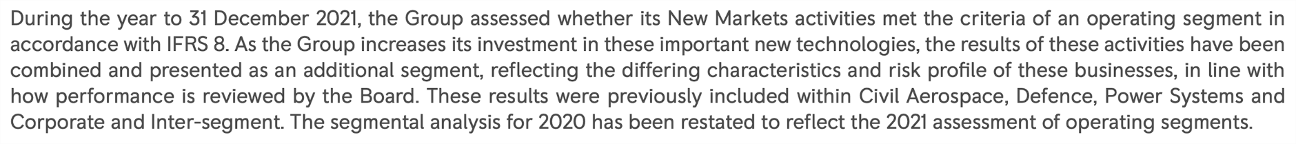 Text discussing the Group's 2021 assessment of New Markets activities as an operating segment under IFRS 8, and the restatement of 2020 segmental analysis.