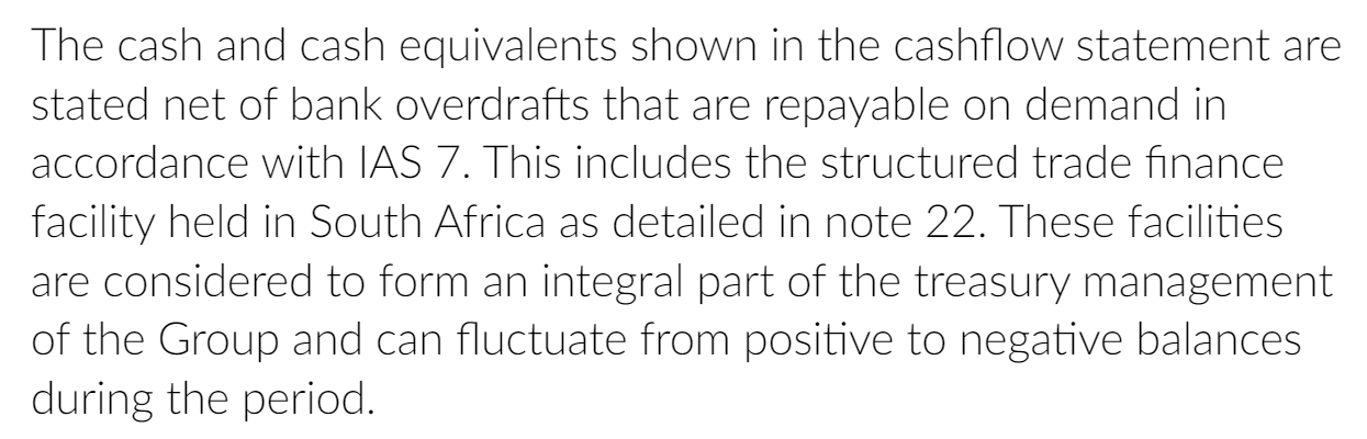Text excerpt explaining the treatment of cash and cash equivalents in the cashflow statement, including structured trade finance facility details.