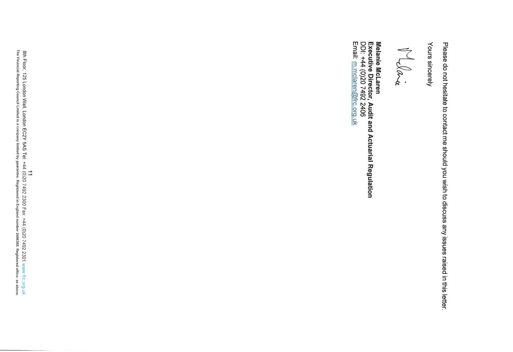 Letter closing with signature of Melanie McLaren, Executive Director, Audit and Actuarial Regulation, including DDI, email, and company contact information.