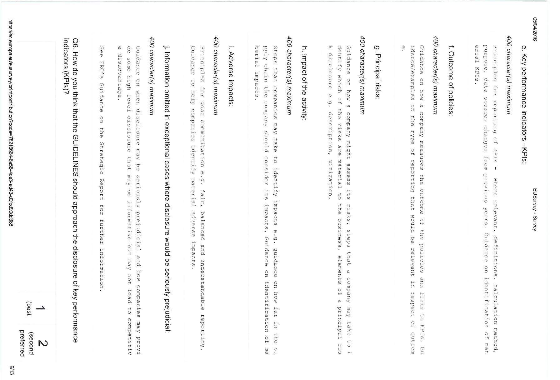 Public consultation page detailing various disclosure aspects and a 1-2 preference rating scale.