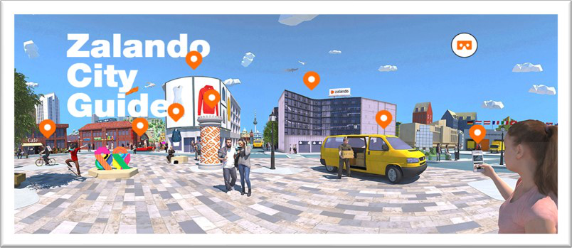 Screenshot of a "Zalando City Guide" application, showing a virtual city with buildings, people, vehicles, and orange interactive pins.