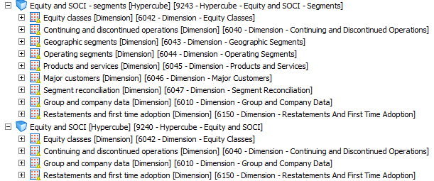 Screenshot of data dimensions for Equity and Statement of Comprehensive Income (SOCI) hypercubes, including equity classes, operating segments, and group data.