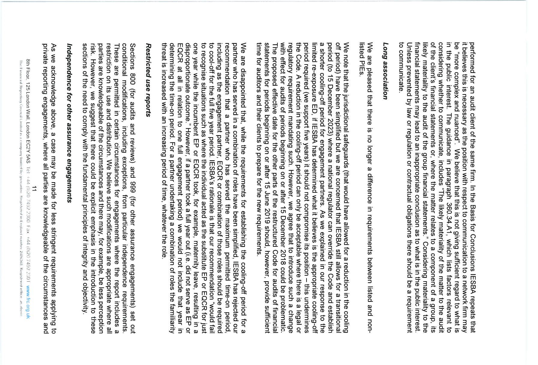 Page from a document detailing auditor independence regulations, including sections on long association, restricted use reports, and other assurance engagements.