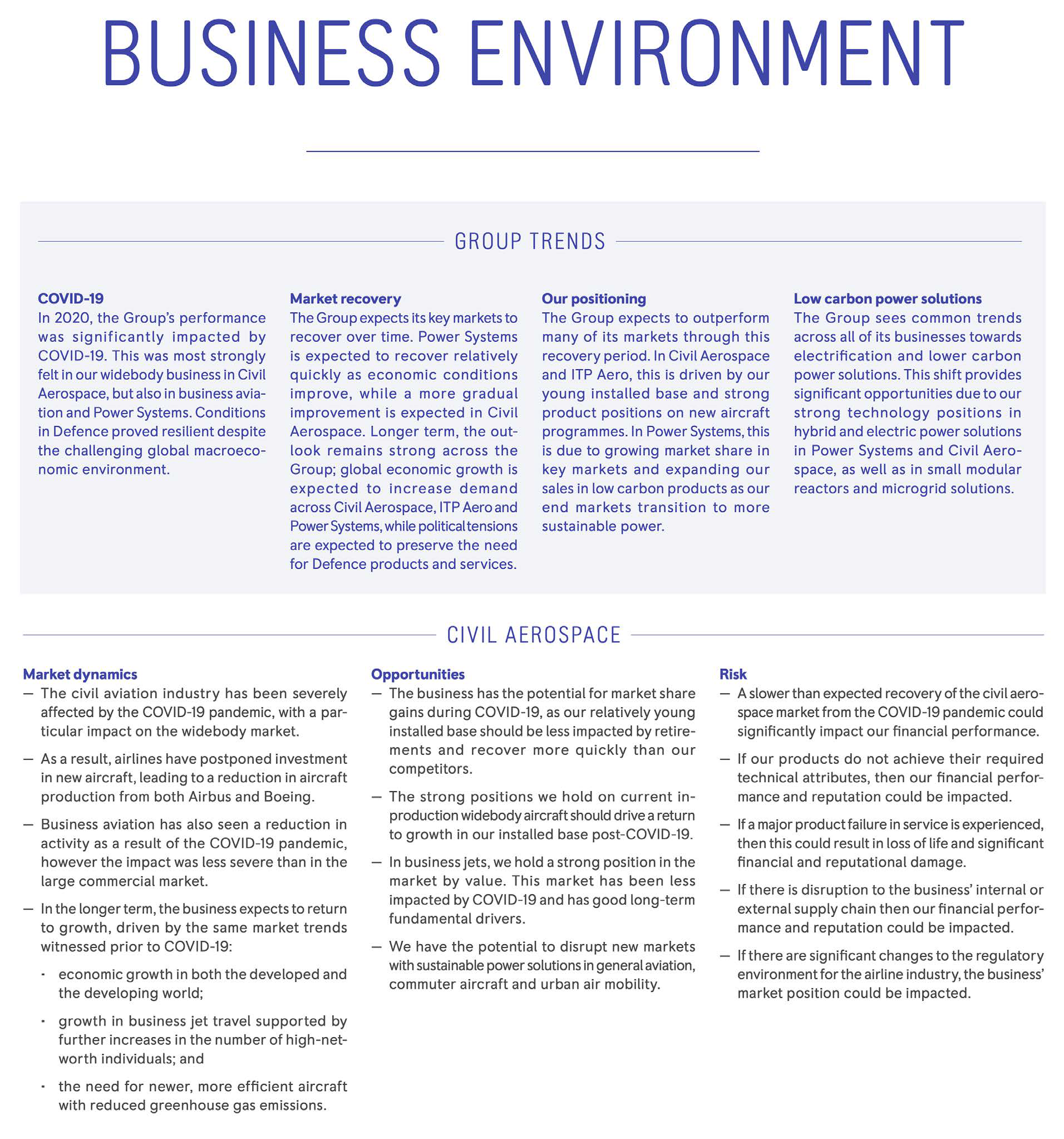 Structured text outlining "GROUP TRENDS" (COVID-19, market recovery, positioning, low carbon power) and "CIVIL AEROSPACE" (market dynamics, opportunities, risk).