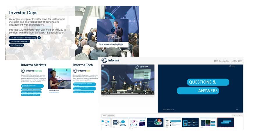Collage of Informa Investor Day materials, including event highlights, presentation links, business segment overviews, and a Q&A section