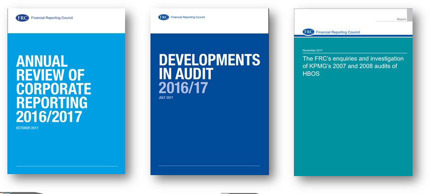Three report covers from the Financial Reporting Council, including "Annual Review of Corporate Reporting 2016/2017".