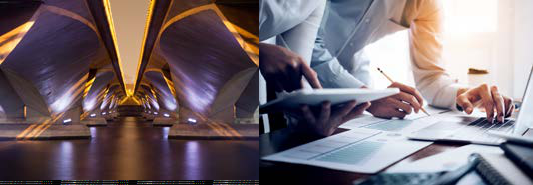 A split image showing an illuminated bridge structure and hands working on a laptop, tablet, and documents.