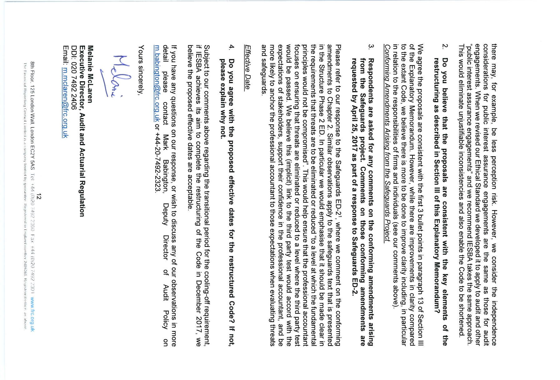 Page from a document continuing the discussion on auditor independence regulations, including proposed amendments, restructuring, and effective dates, signed by Melanie McLaren.