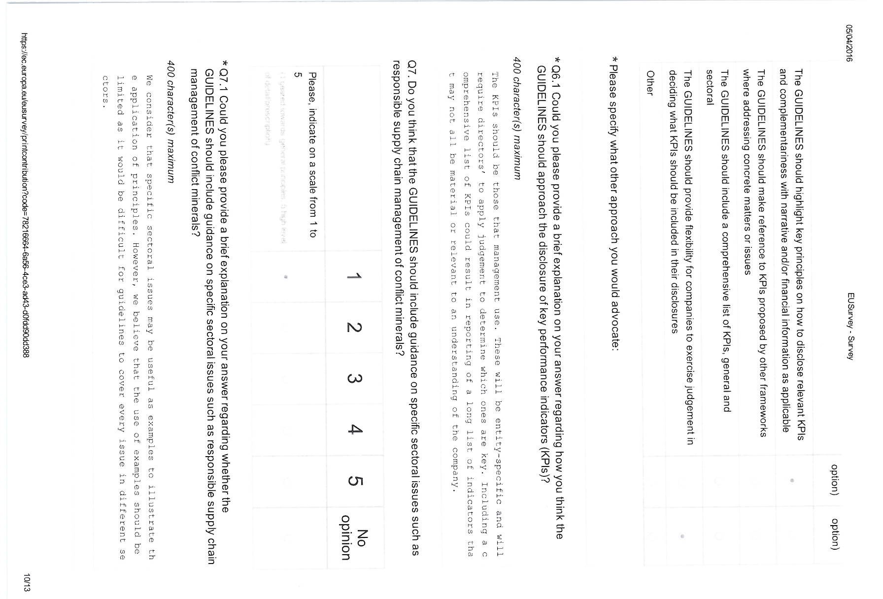 Survey questions about guidelines for supply chain management of conflict minerals with a 5-point Likert scale.