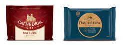 Two packages of cheddar cheese, Cathedral City Mature and Davidstow 12-month mature cheddar.