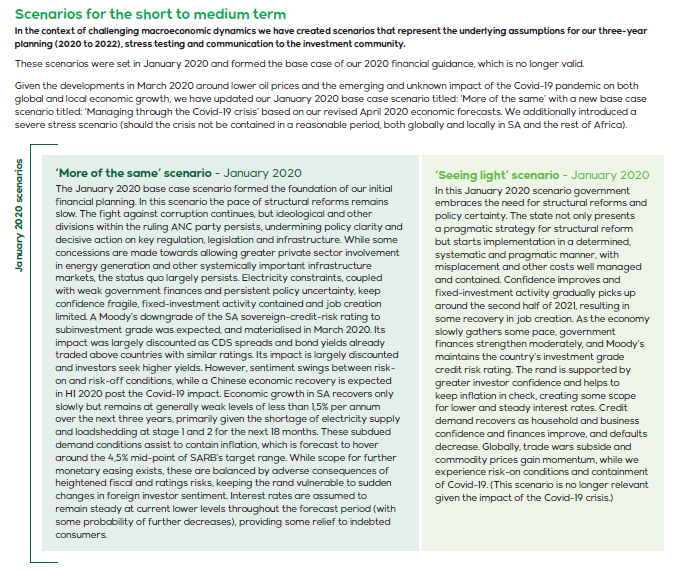Visual framework presenting two January 2020 scenarios: "More of the same" and "Seeing light", with detailed descriptions for each.