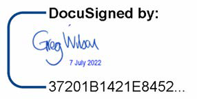 DocuSigned signature block with a handwritten signature by Greg Wilson, dated July 7, 2022, and a transaction ID.