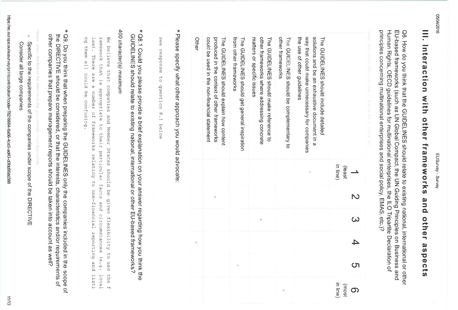 Survey questions on how guidelines interact with other frameworks and EU-based frameworks, with a 6-point Likert scale.
