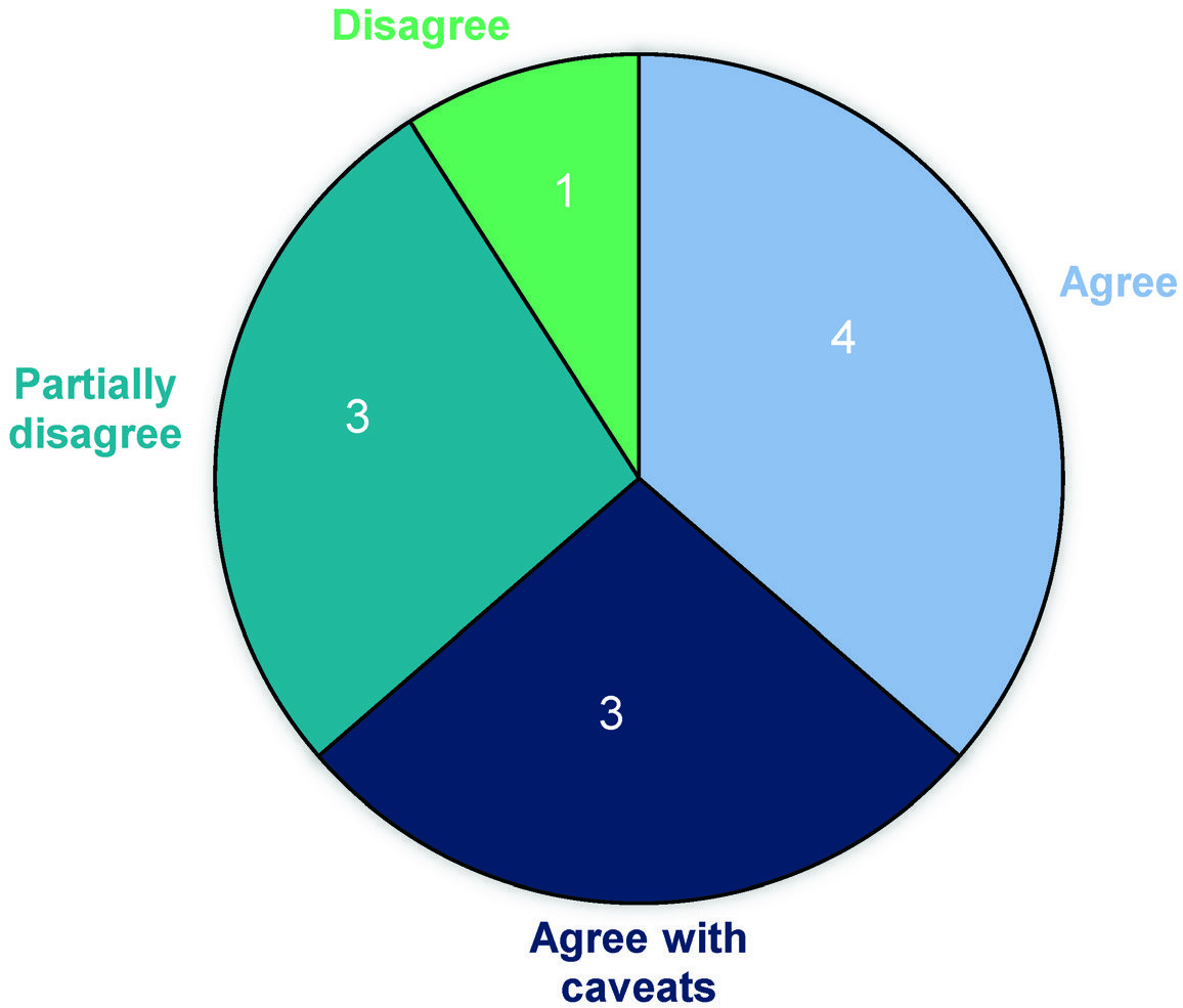 Pie chart showing 11 responses: 1 Disagree, 3 Partially disagree, 4 Agree, and 3 Agree with caveats.