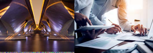 People analyzing documents with a laptop and tablet, alongside an abstract image of an illuminated architectural underpass.