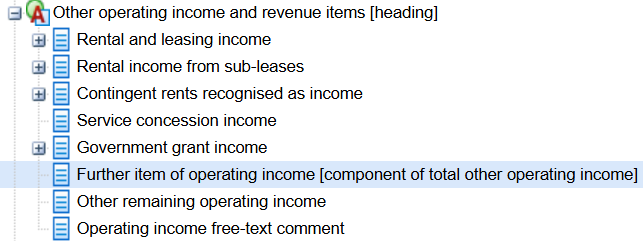 Screenshot of a financial taxonomy tree-view showing various operating income and revenue items, with "Further item of operating income" highlighted.
