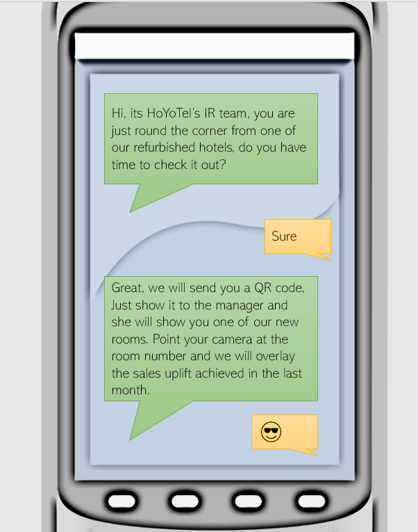 Screenshot of a smartphone chat conversation from HoYoTel's IR team about visiting a refurbished hotel, offering a QR code for a tour.