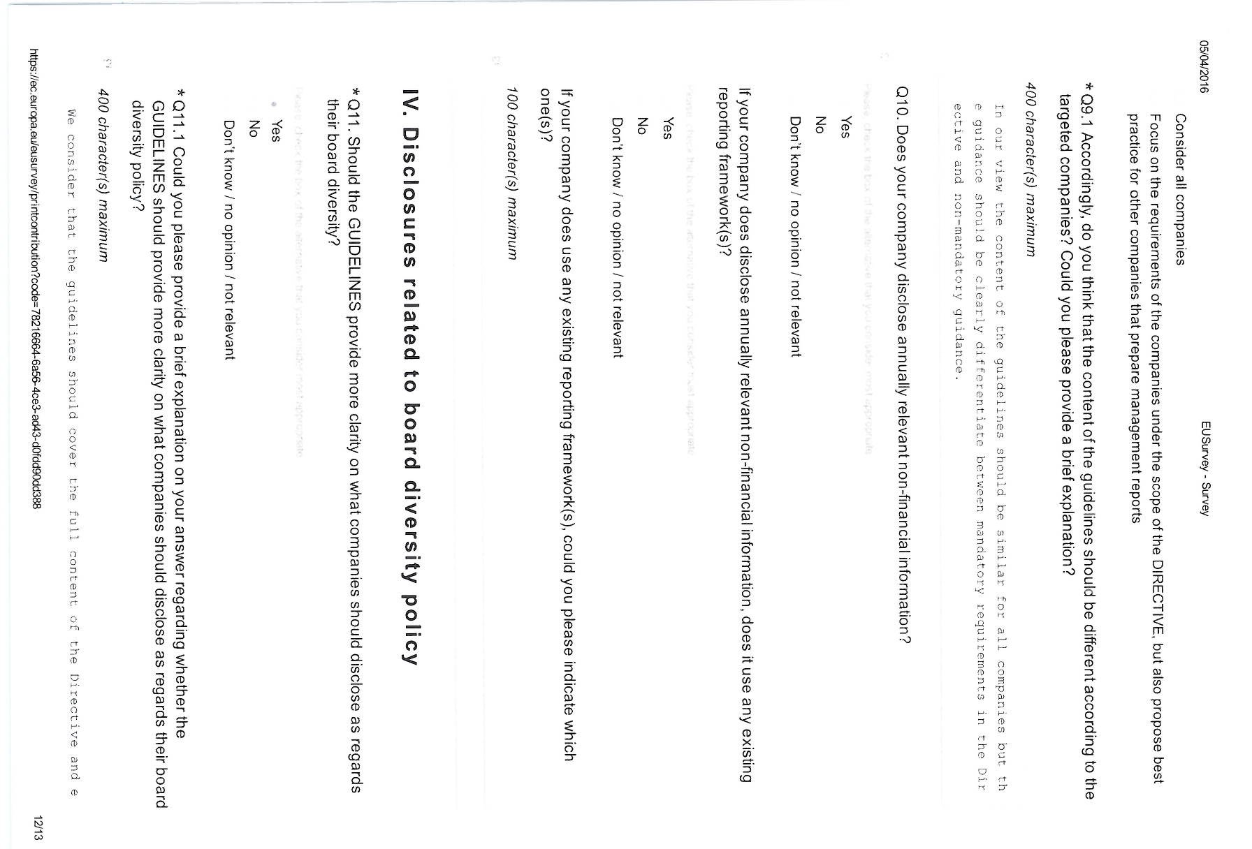 Survey questions about annual non-financial information disclosure and board diversity policy with Yes/No/Don't know options.