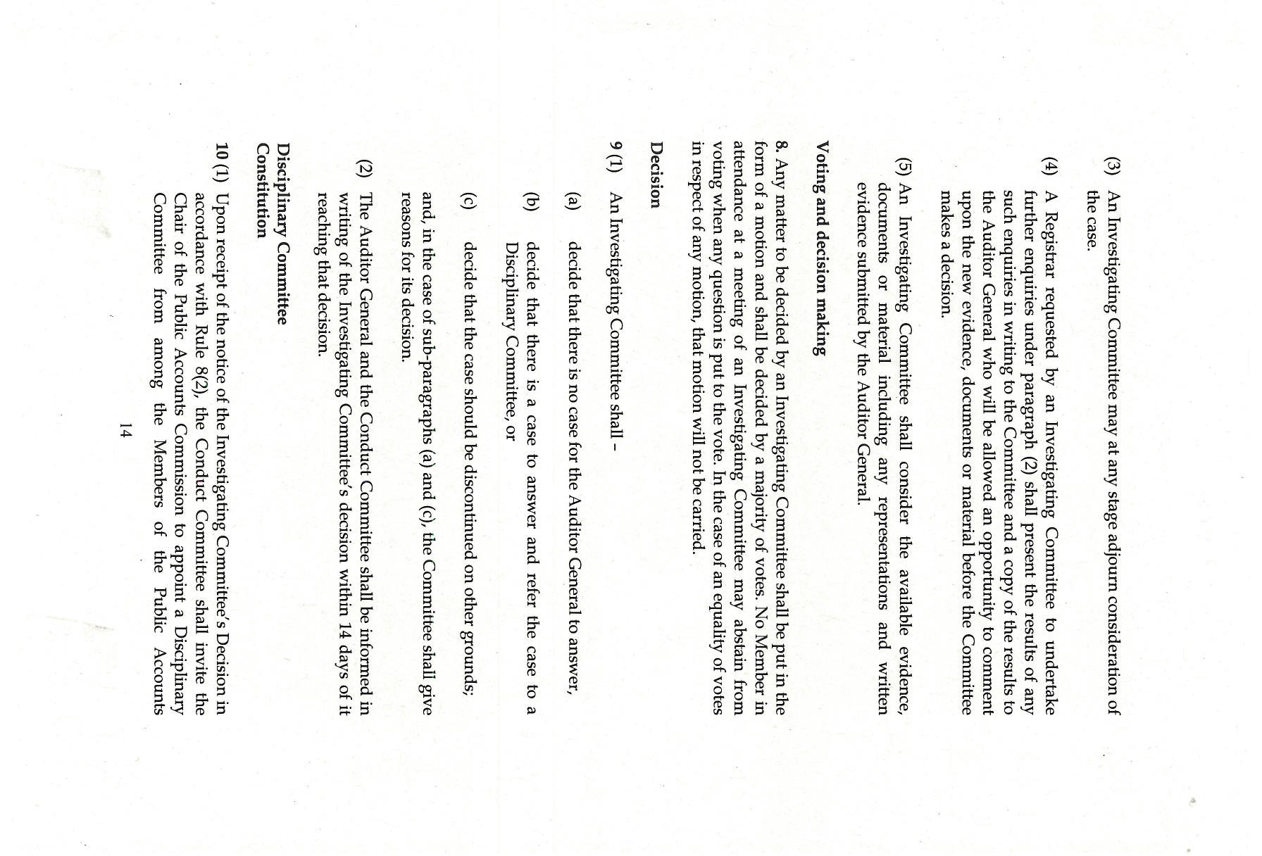 Page 14 of a document detailing voting decision-making processes and functions of a Disciplinary Committee