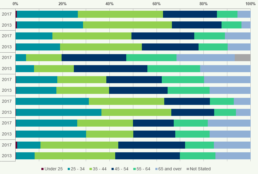 Stacked bar chart comparing age demographics across several categories for years 2013 and 2017.