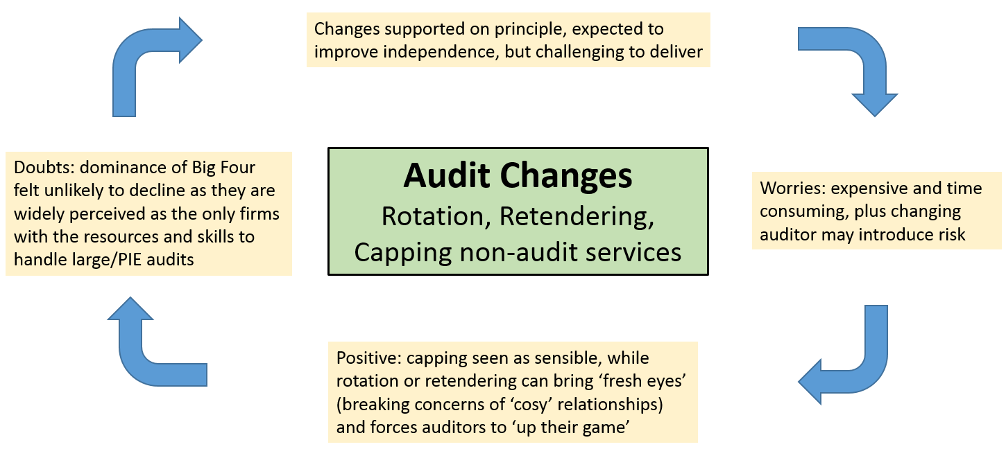 Diagram showing audit changes (rotation, retendering, capping non-audit services) in center, surrounded by points on doubts, challenges, worries, and positives, connected by circular arrows.