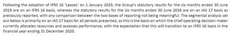 Text describing the adoption of IFRS 16 'Leases' and its impact on statutory results and segmental analysis, comparing IFRS 16 and IAS 17 reporting bases.