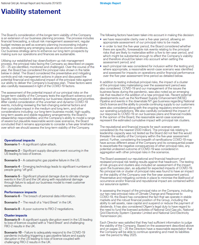 Screenshot of a PDF page with text content outlining a viability statement, including operational, performance, and cluster impacts.
