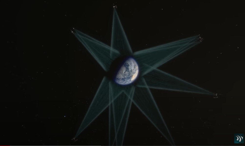 Conceptual image of Earth in space surrounded by multiple satellites emitting light rays, illustrating a satellite network coverage.