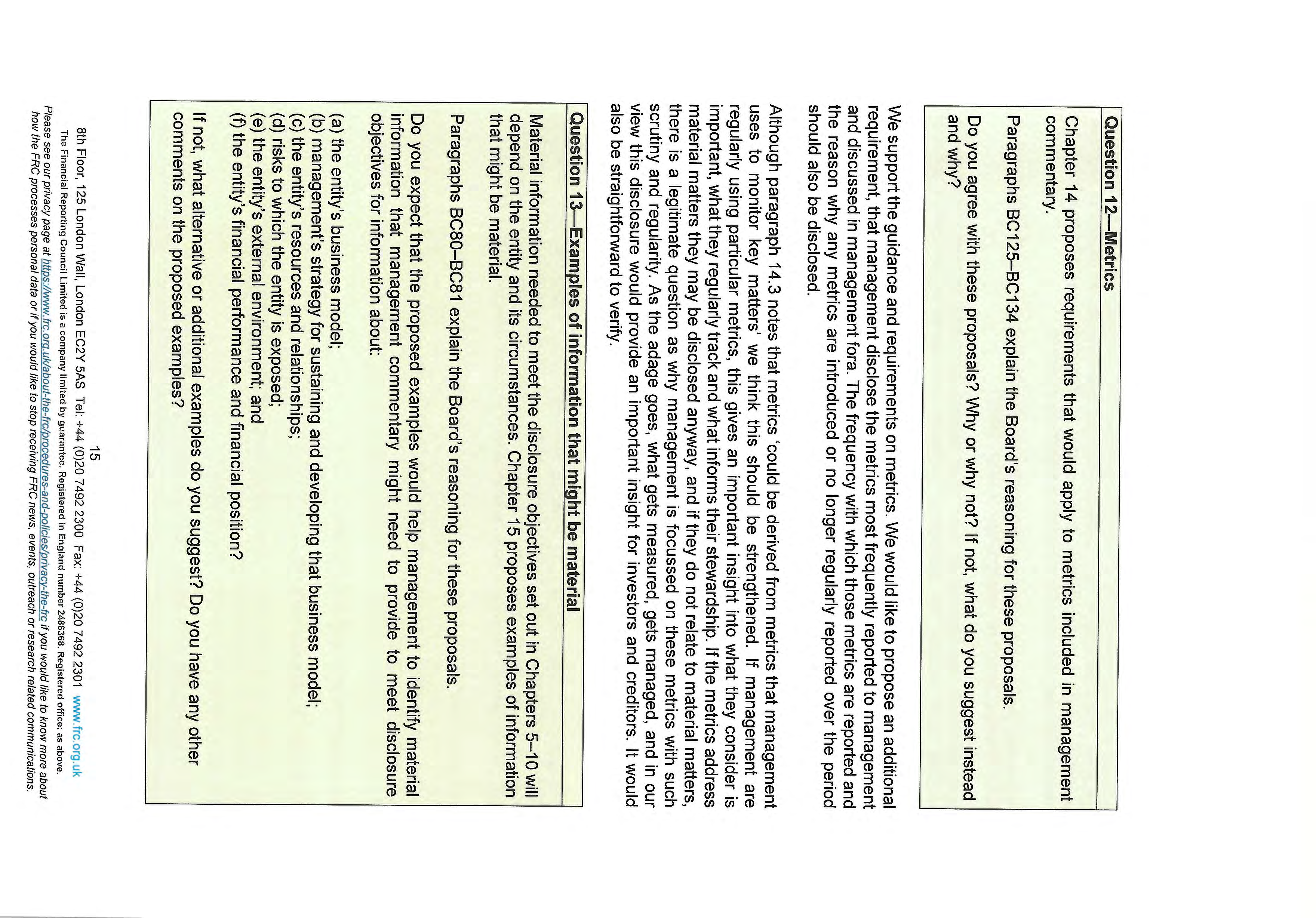 Page on metrics requirements, material information examples, and management commentary proposals.