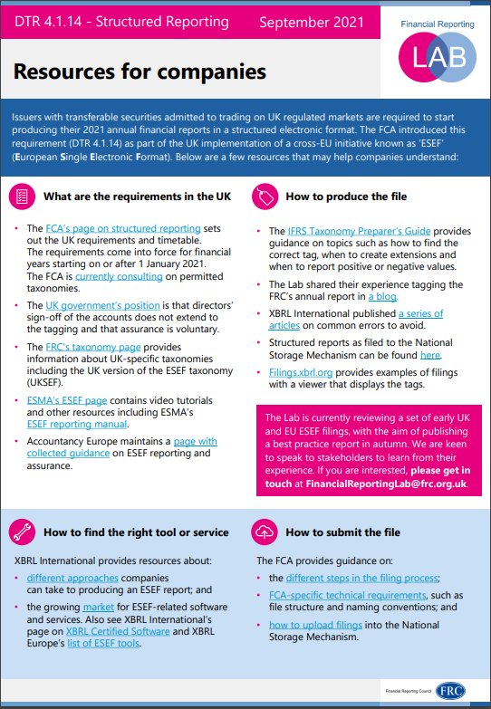 Educational resource page with sections on ESEF reporting requirements, file production, tools, and submission, featuring icons and structured text.