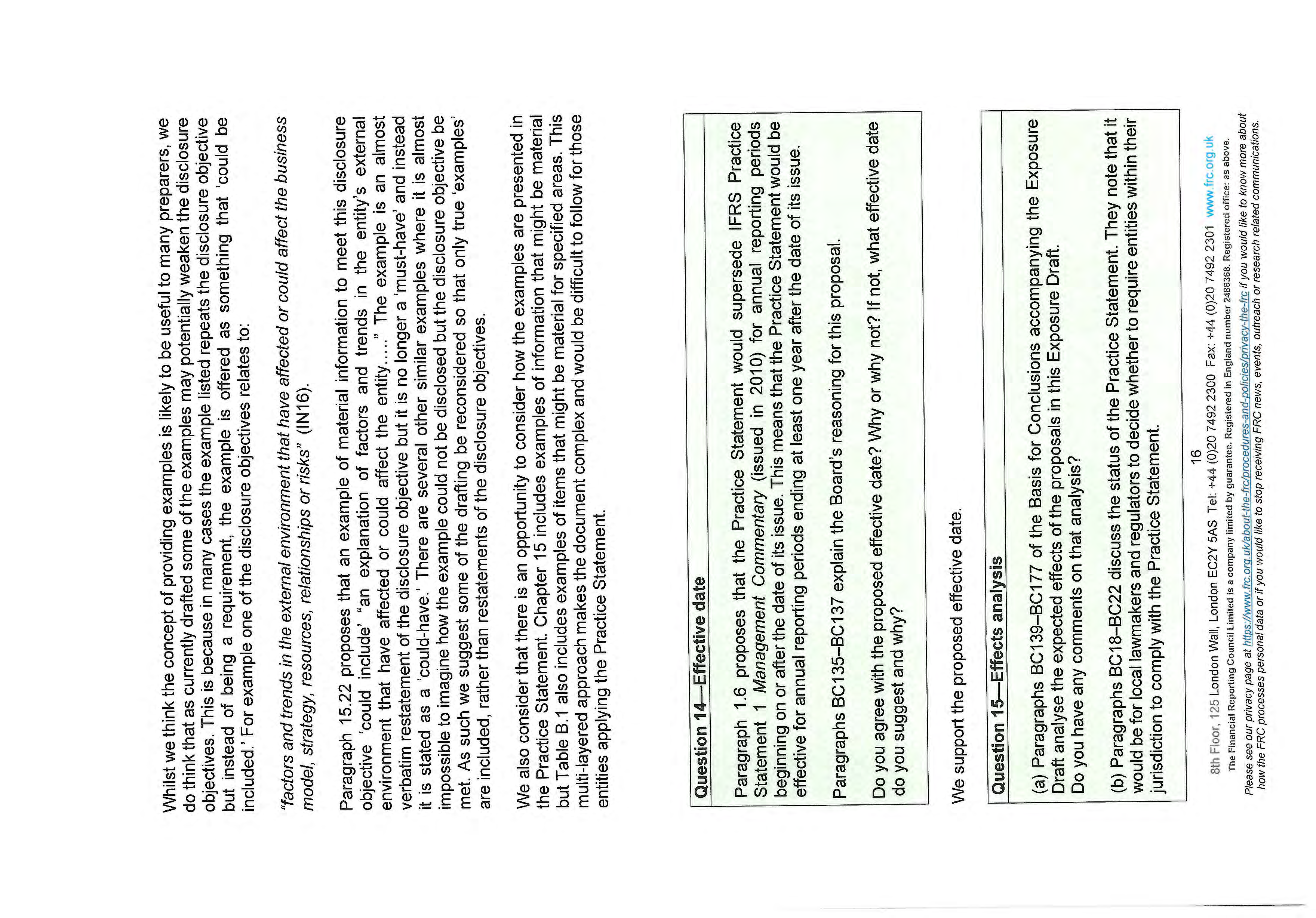 Page on material information examples, effective date of Practice Statement, and effects analysis of proposals.