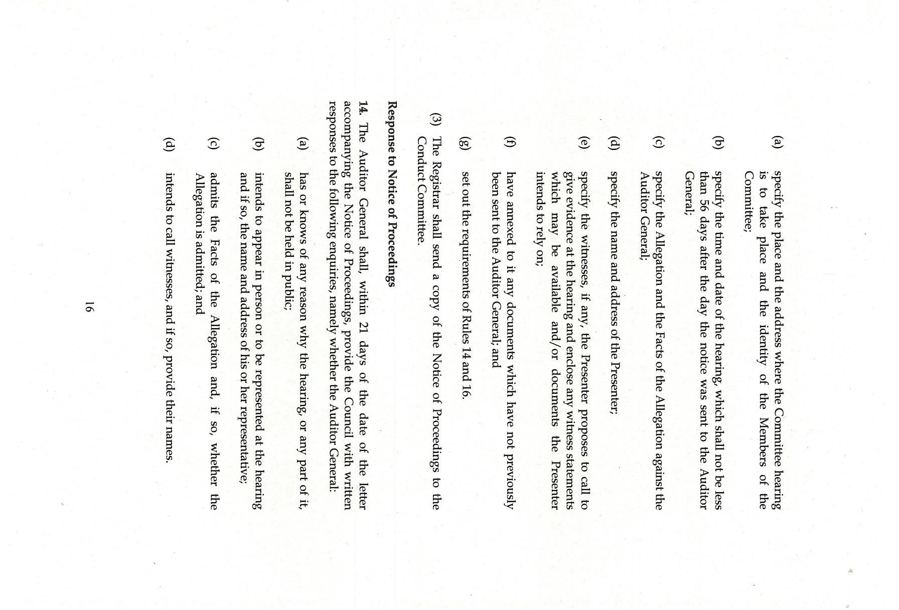 Page 16 of a document detailing the required response to a Notice of Proceedings including information to be provided
