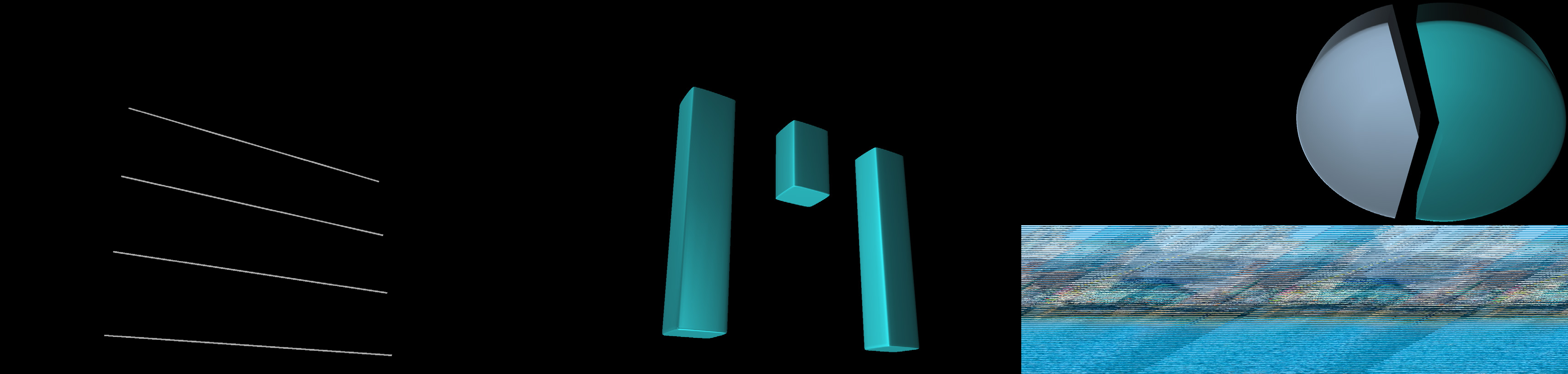 Composite image featuring parallel lines, three 3D teal bars representing comparative values, a segmented sphere showing proportions, and a distorted abstract pattern.