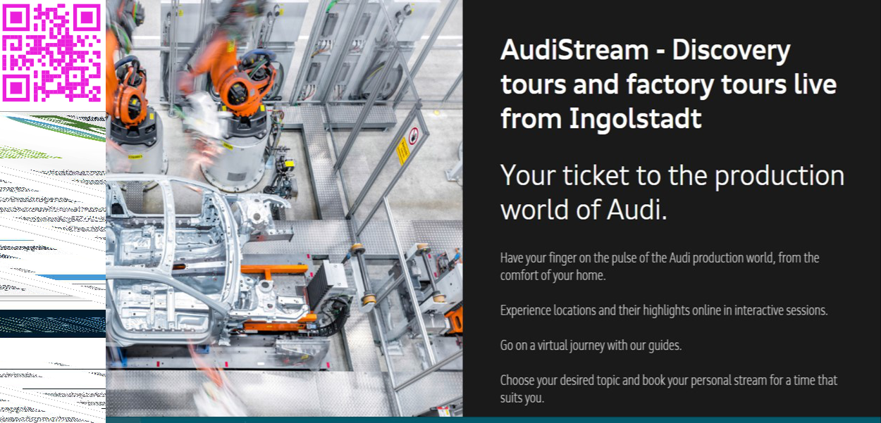 Promotional graphic for AudiStream factory tours, featuring a QR code, an image of an Audi production line, and explanatory text.