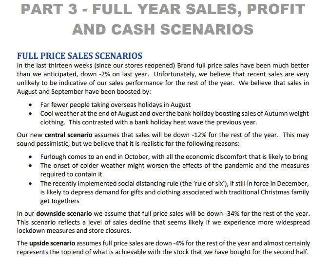 Text describing full year sales, profit, and cash scenarios, detailing full price sales scenarios, including central, downside, and upside predictions with supporting reasons.