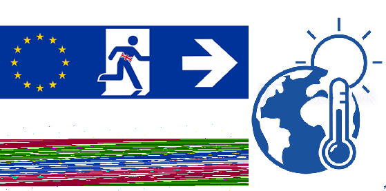 Composite image with EU flag and Brexit emergency exit sign, and an icon of the globe with a thermometer and sun symbolizing climate change.