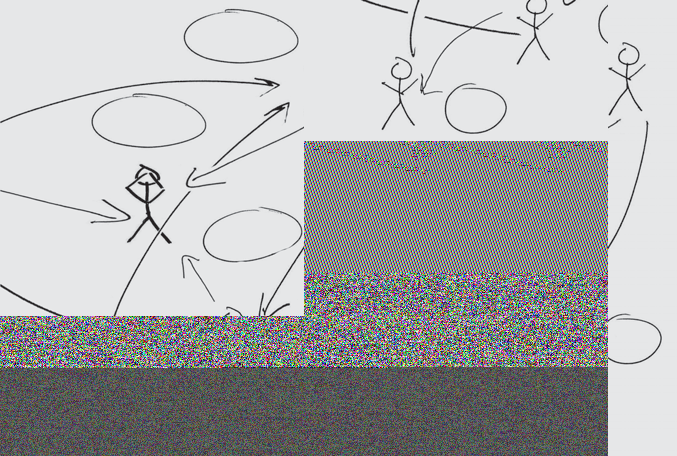 Diagram depicting stick figures, speech bubbles, and arrows, partially obscured by visual static or pixelation.