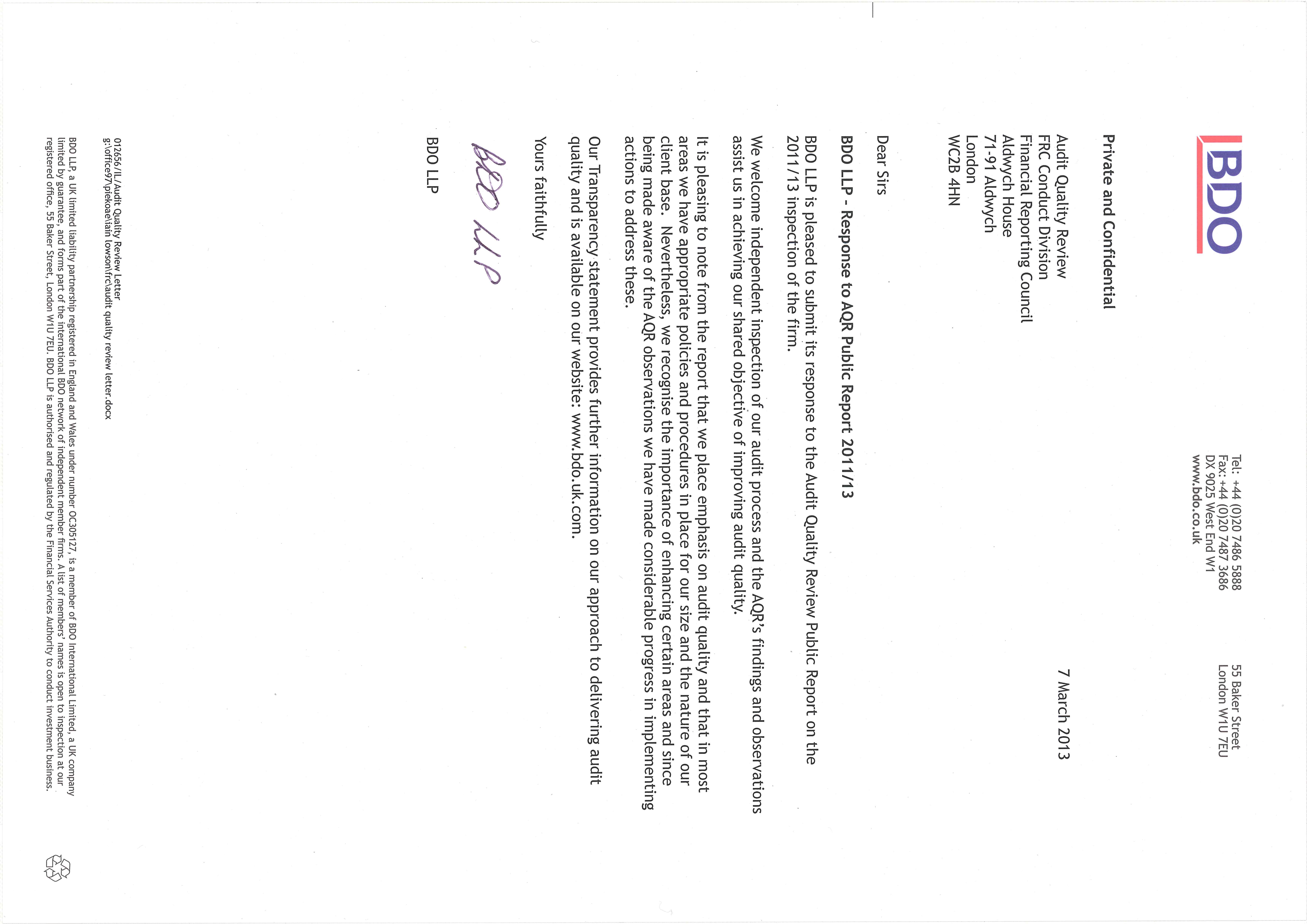 Scanned letter from BDO LLP, dated March 7, 2013, to the Financial Reporting Council, providing BDO's response to the Audit Quality Review Public Report 2011/13 and detailing their commitment to audit quality.