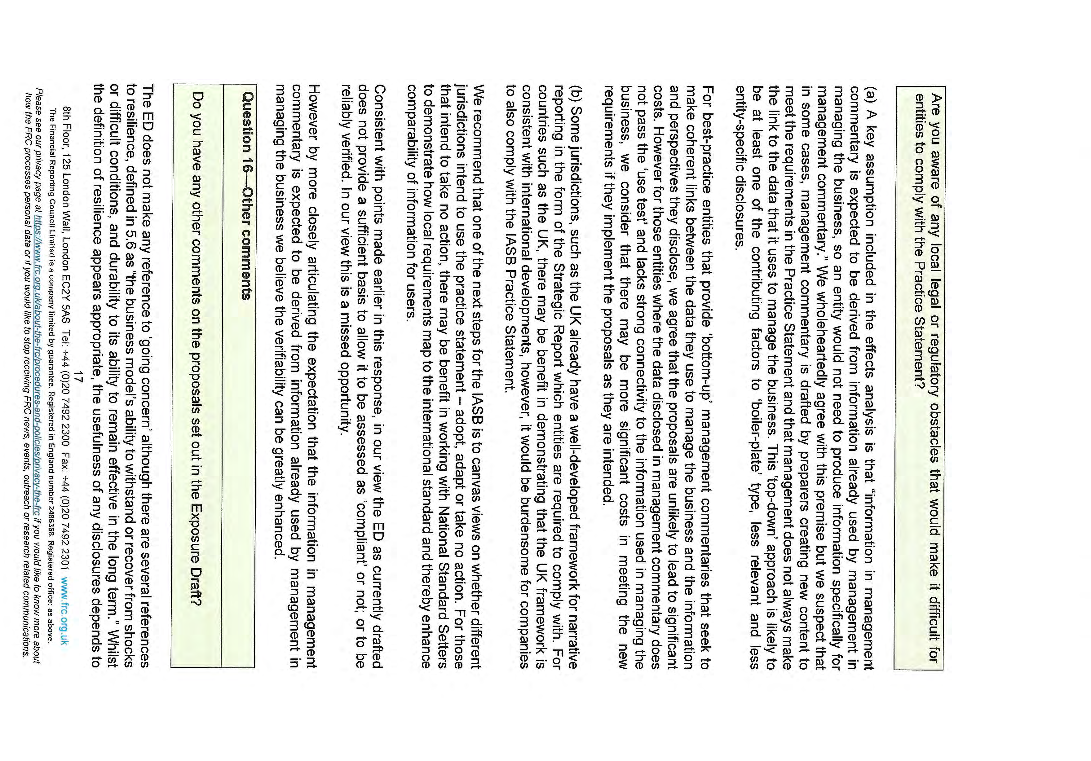 Page discussing legal/regulatory obstacles, other comments on the Practice Statement, and usefulness of disclosures.