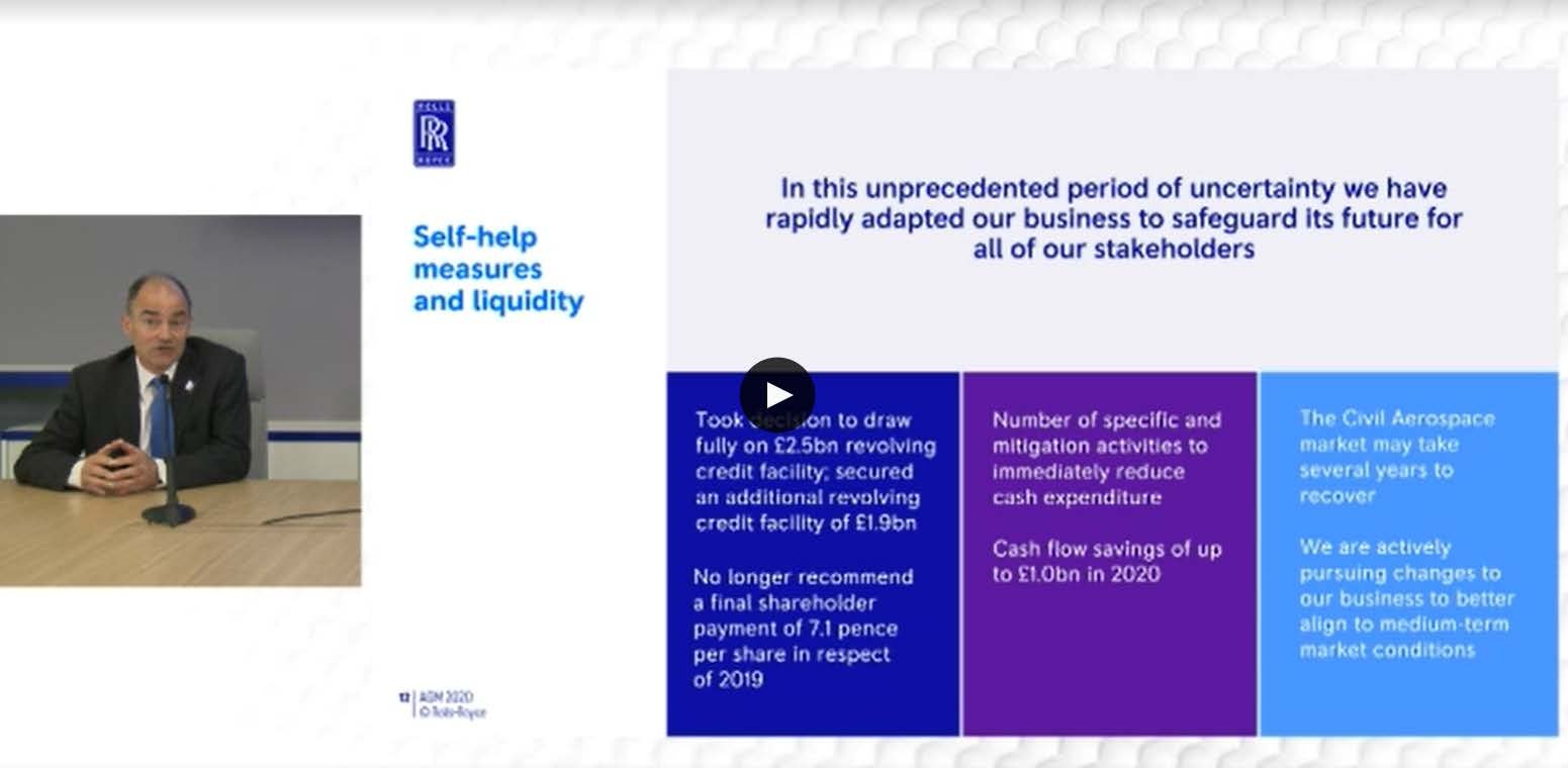 Screenshot of a video presentation with a speaker, company logo, and a slide detailing self-help measures, liquidity, and market outlook
